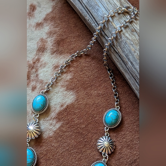 New Imitation Blue Turquoise Stone Cross Pendant Necklace - Picture 5 of 8